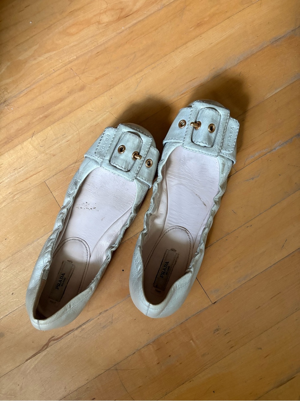 Prada Mint Green Leather Buckle Ballet Flats